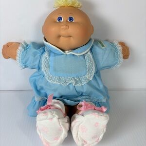 Vintage 1980s Cabbage Patch Kids Doll Blue Dress Xavier Roberts Signed Coleco